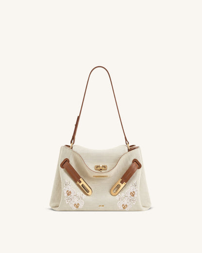 Rhea Double Buckle Shoulder Bag - Brown Canvas