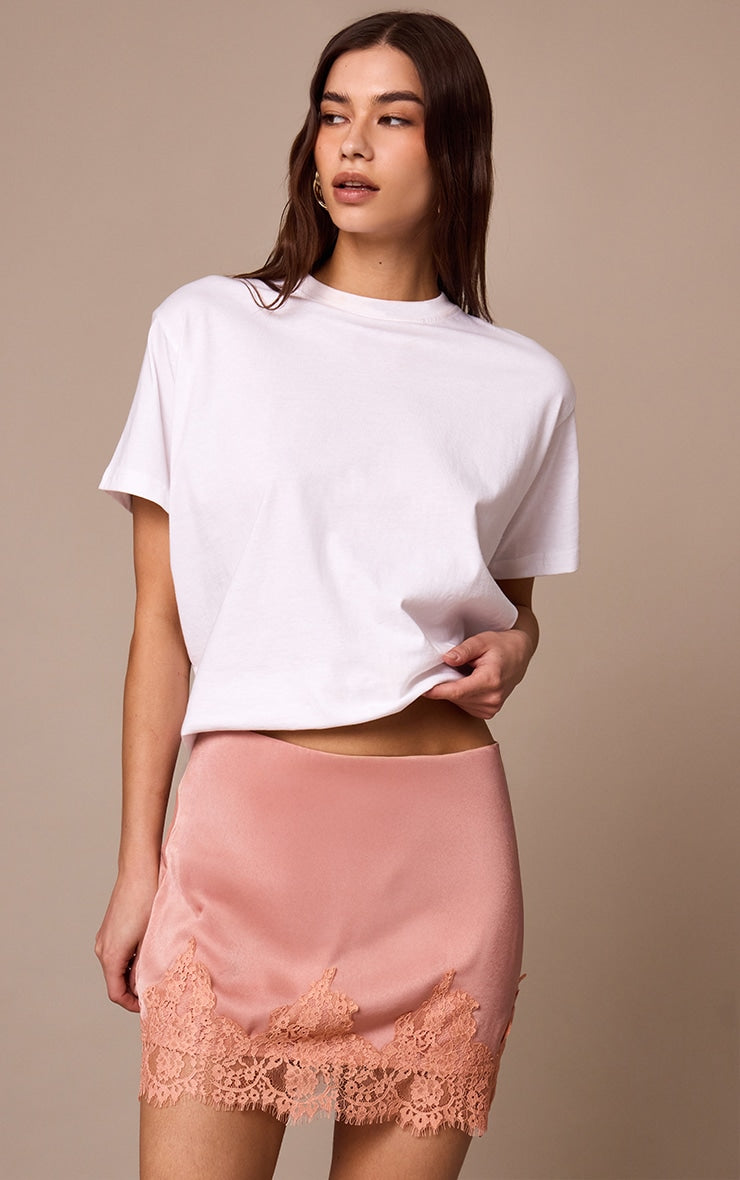 Peach Satin Lace Trim Mini Skirt