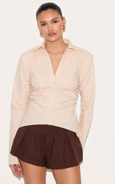 Beige Linen Blend Shoulder Padded Fitted Shirt