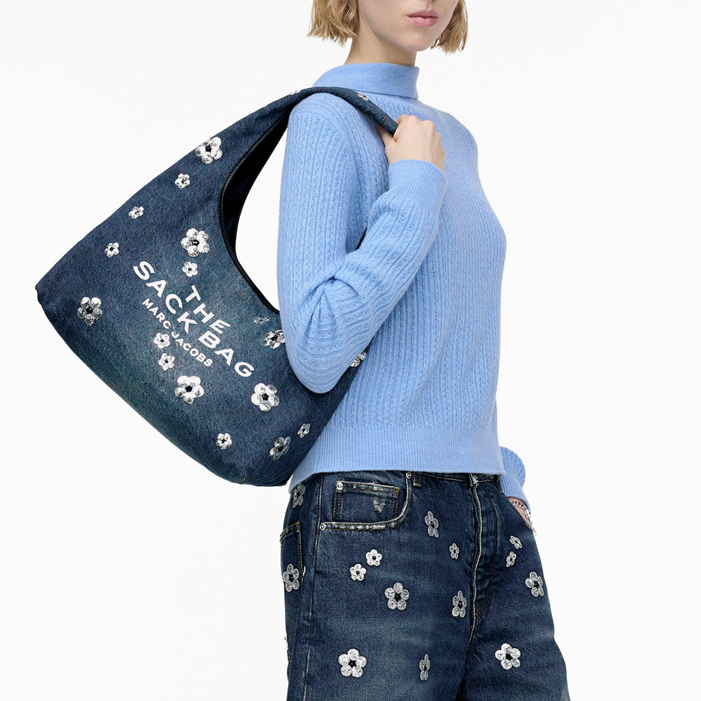 Sequin Daisy Denim Sack Bag