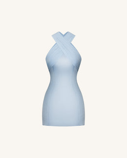 Satin Mini Dress with Tulle Cross-Halter - Blue