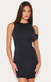 Black Asymmetric Ribbed Bodycon Dress