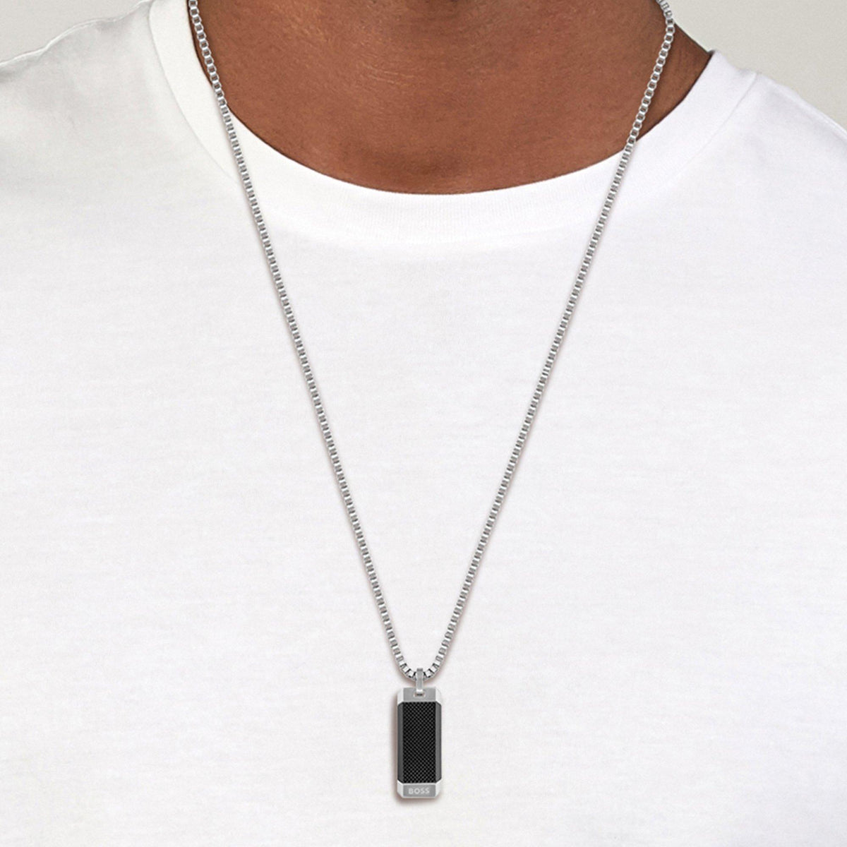 Men's Bennett Dog Tag Necklace, Stainless Steel Box Chain