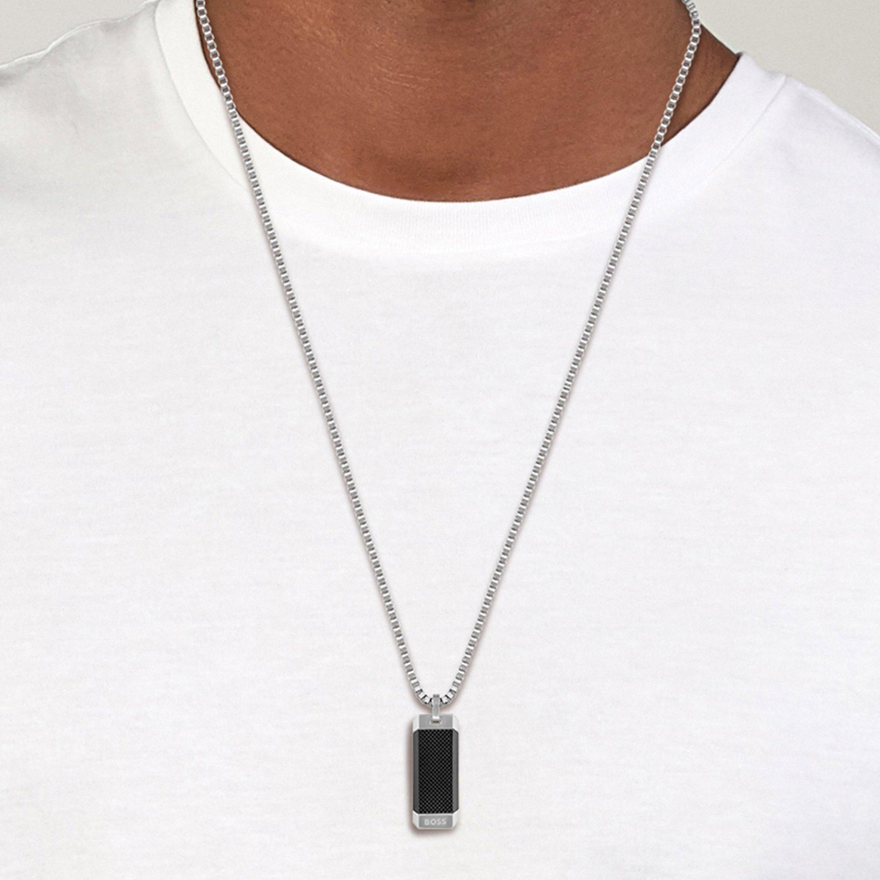 Men's Bennett Dog Tag Necklace, Stainless Steel Box Chain