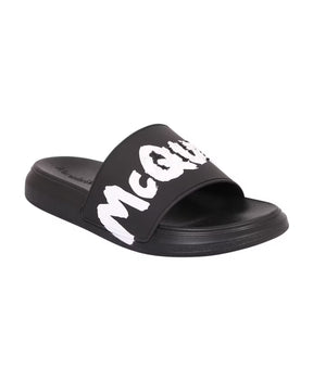 Alexander McQueen Black Slide Sandals with Logo Print