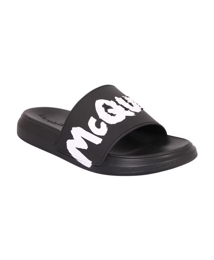 Alexander McQueen Black Slide Sandals with Logo Print