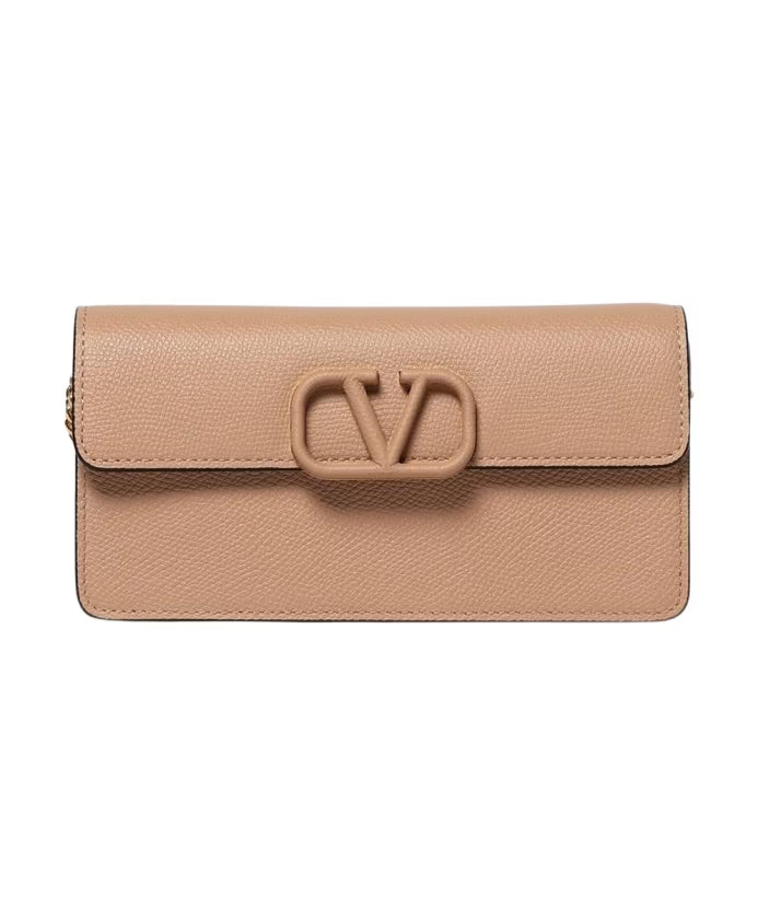 Textured Leather Chain Wallet Clutch