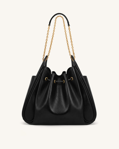 Rowan Ruched Drawstring Chain Bucket Bag - Ivory