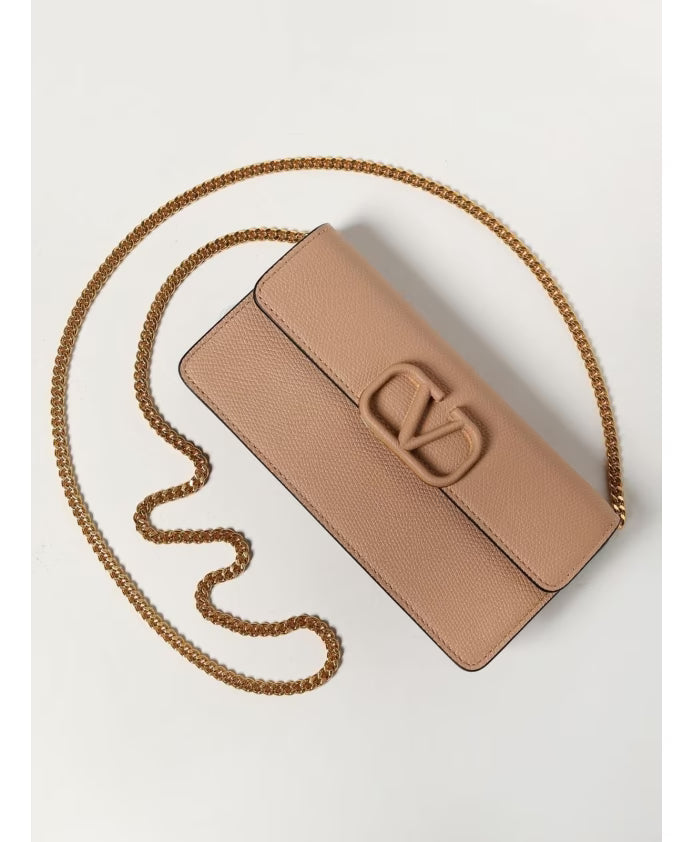 Textured Leather Chain Wallet Clutch