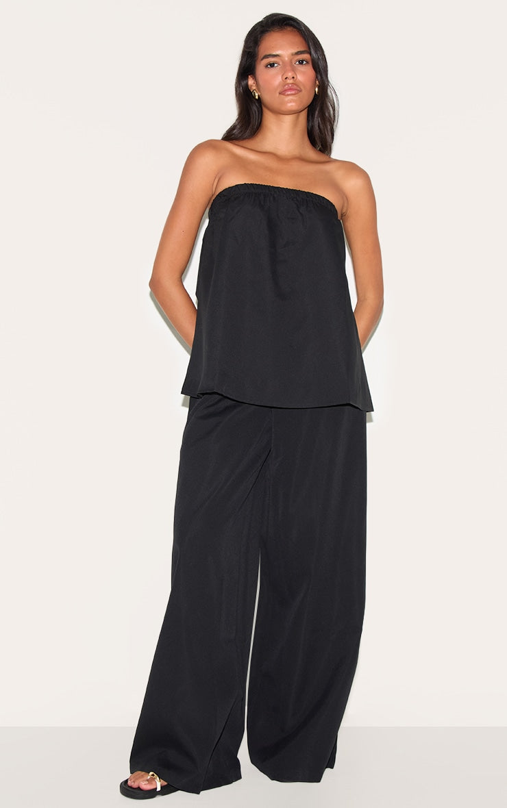 Black Woven Mid Rise Wide Leg Trousers