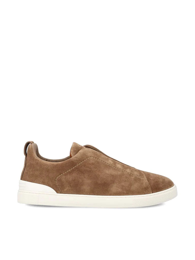 Zegna Men’s Triple Stitch™ Beige Suede Slip-On Sneakers – Made in Italy | Elegant Smart-Casual Footwear