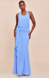 Bright Blue Double Layered Chiffon Halterneck Keyhole Maxi Dress
