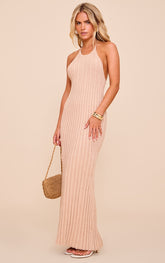 Petite Oatmeal Knitted Halterneck Flowy Maxi Dress