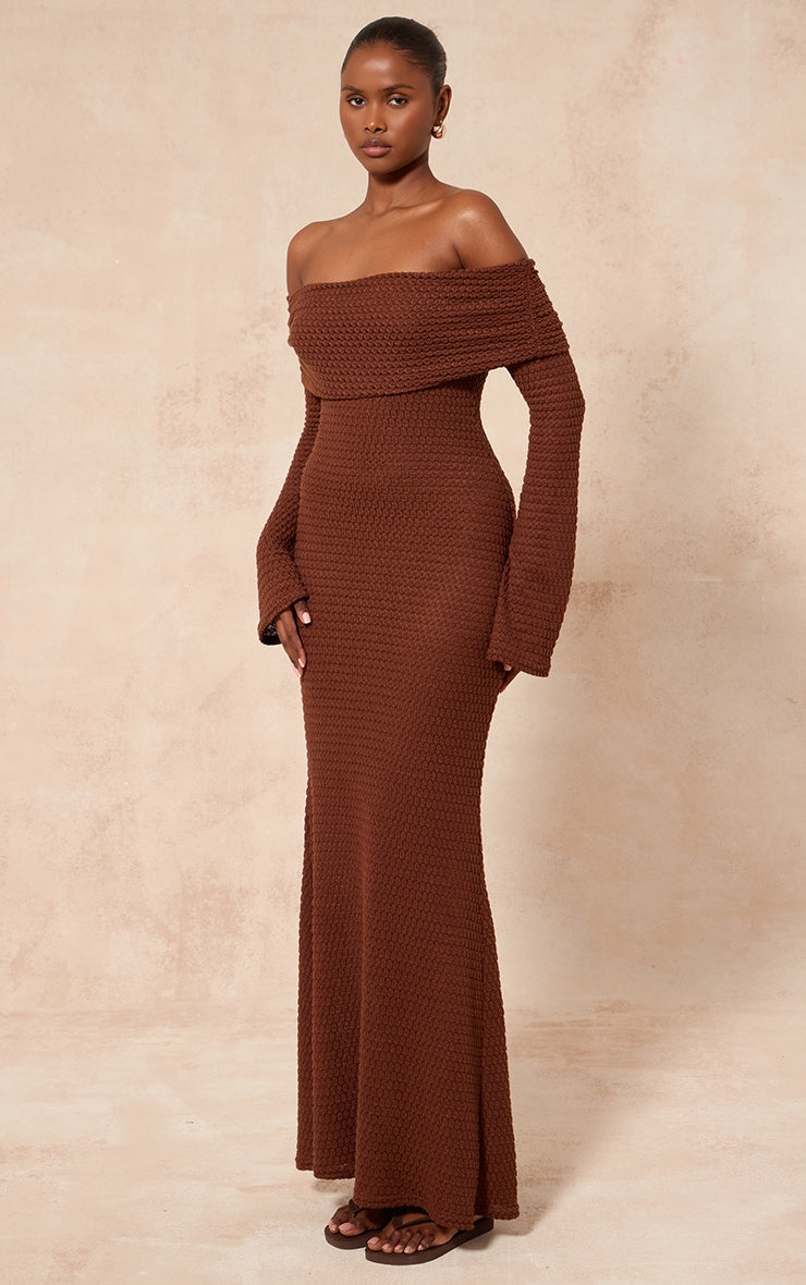 Chocolate Textured Extreme Bardot Long Sleeve Maxi Dress
