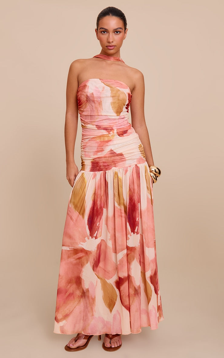 Stone Floral Print Ruched Scarf Dropped Waist Maxi Dress