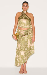 Plus Khaki Printed Satin Asymmetric Midi Skirt