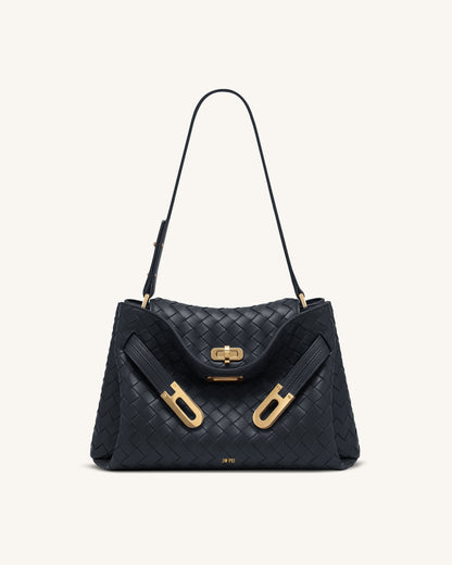 Rhea Woven Texture Double Buckle Shoulder Bag - Teal