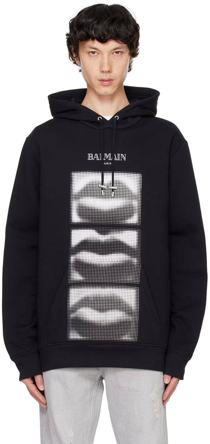 Black Vintage 'Balmain Lips' Print Hoodie