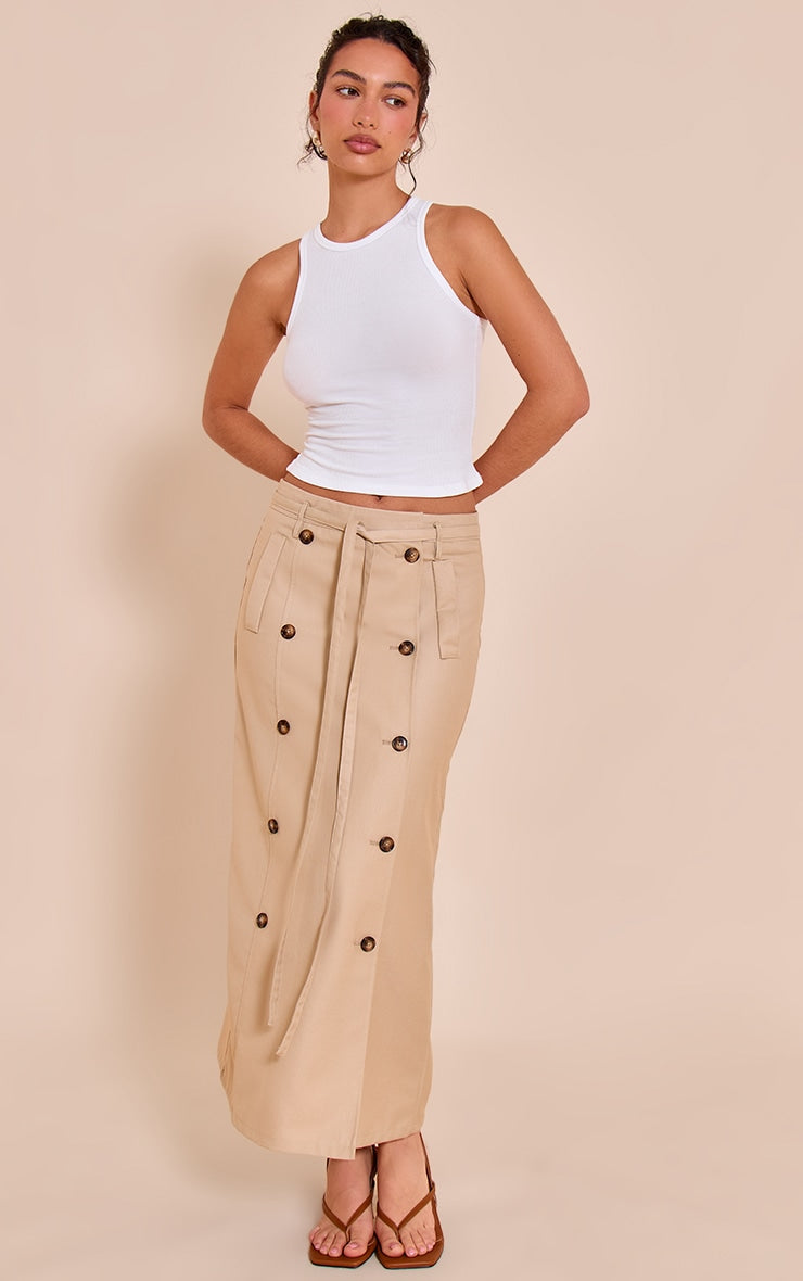 Camel Button Detail Tie Maxi Skirt