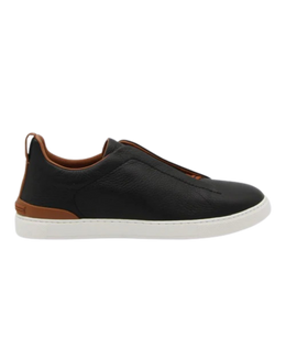 Zegna Men’s Black Pebbled Leather Sneakers – Lace-Up with Brown Accents & Rubber Sole