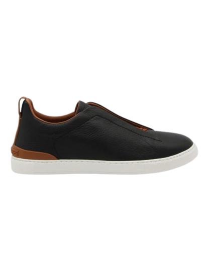 Zegna Men’s Black Pebbled Leather Sneakers – Lace-Up with Brown Accents & Rubber Sole
