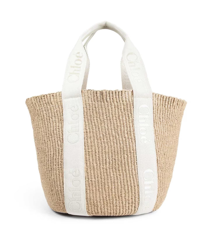 Beige Raffia Tote Bag with Logo