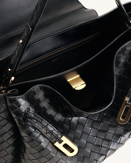 Rhea Large Woven Textured Shoulder Bag - Black