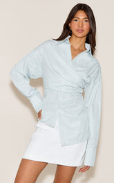 Sage Green Stripe Asymmetric Drape Shirt