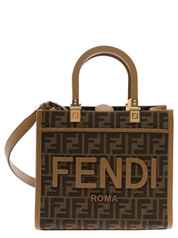 Fendi 'Sunshine Small' Brown Tote Bag with Logo in FF Jacquard Canvas and Leather Woman