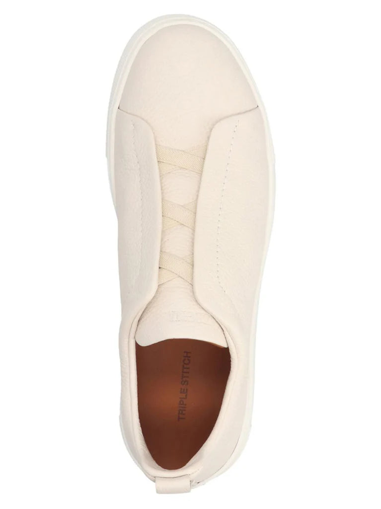 Zegna Men’s Triple Stitch™ White Leather Slip-On Sneakers with Elastic Closure