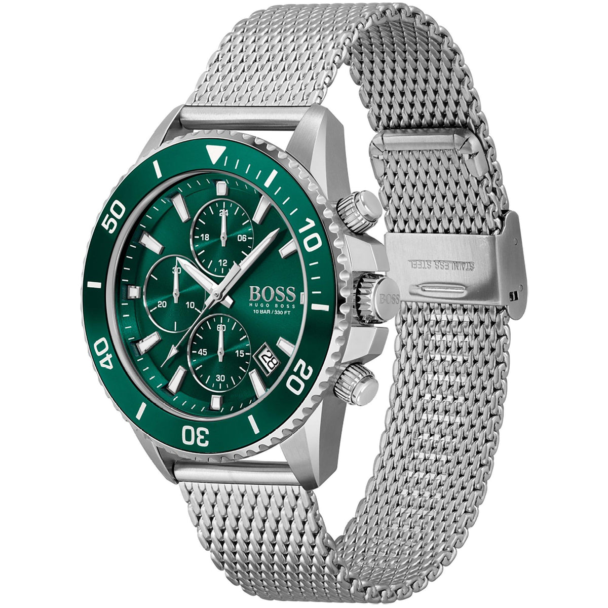 Gents BOSS Admiral Stainless Steel Green Dial Mesh Strap Watch