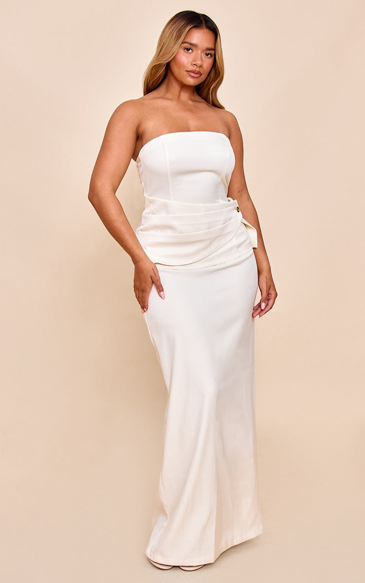 Shape Butter Cream Tailored Bandeau Wrap Over Gold Trim Maxi Dress