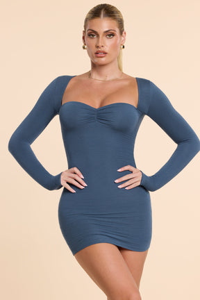 Long Sleeve Ruched Modal Cashmere Blend Mini Dress in French Navy