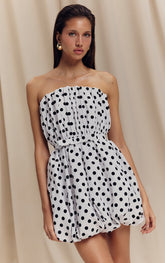 Monochrome Polka Dot Bow Detail Puffball Mini Dress