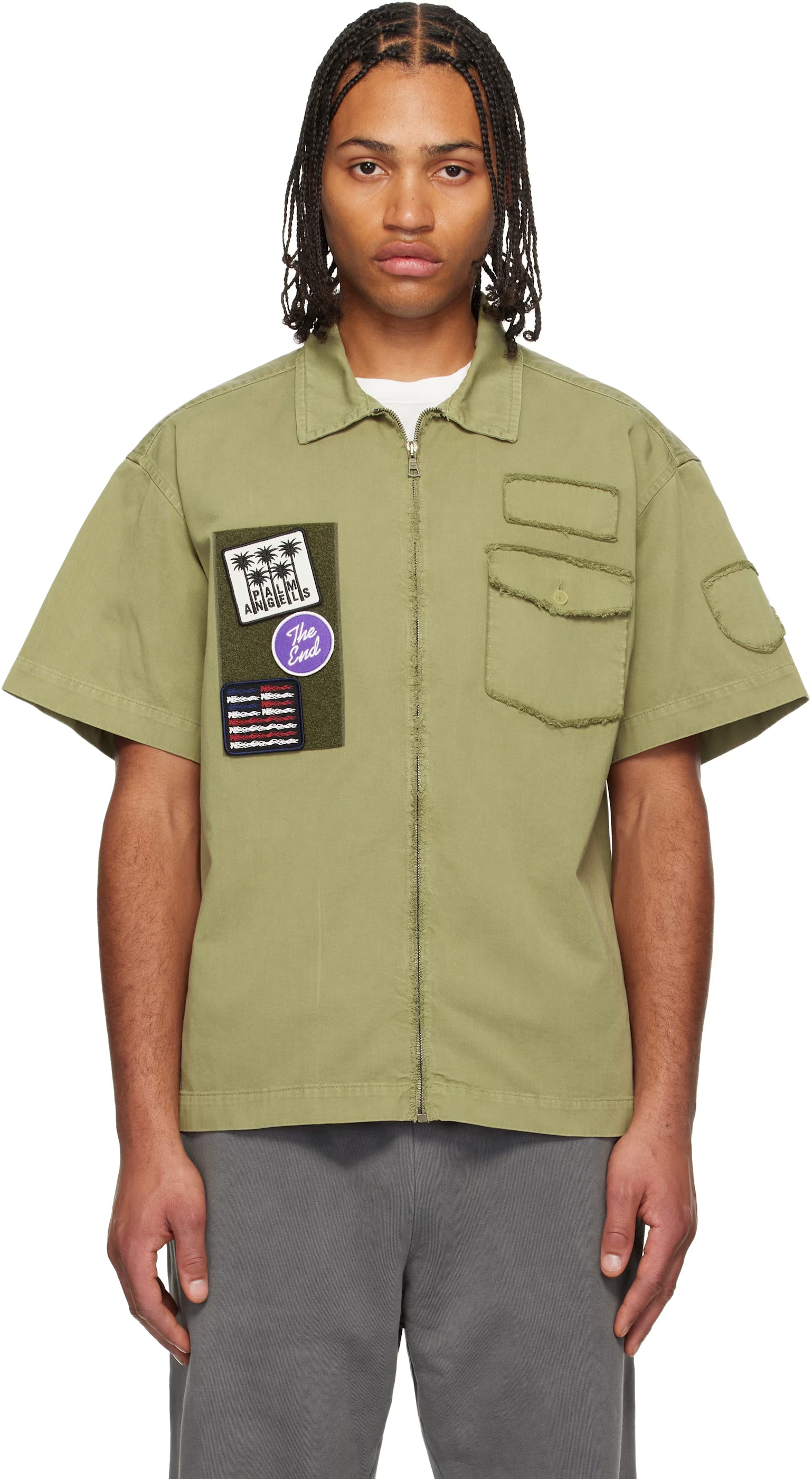Khaki Military Patch Zipped Shirt