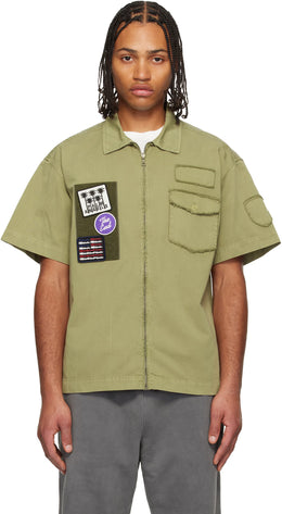 Khaki Military Patch Zipped Shirt