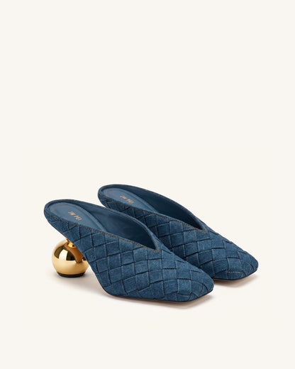 Ellie Woven Square-Toe Mule Heels - Denim Blue