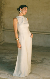 Cream Textured Boat Neck Maxi Dress