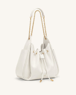 Rowan Ruched Drawstring Chain Bucket Bag - Ivory