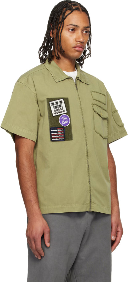 Khaki Military Patch Zipped Shirt