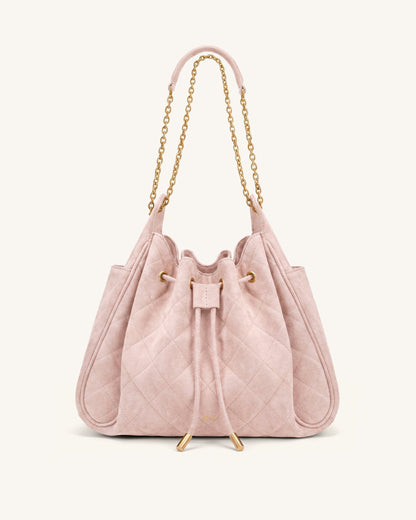 Rowan Faux Suede Quilted Chain Bucket Bag - Dark Brown