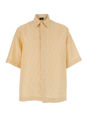 Fendi Yellow Shirt with Wide Short Sleeves and All-Over FF Motif in Linen Blend Man