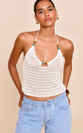 Cream Crochet Bead Detail Halter Top