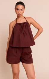 Chocolate Poplin Low Back Halterneck Top