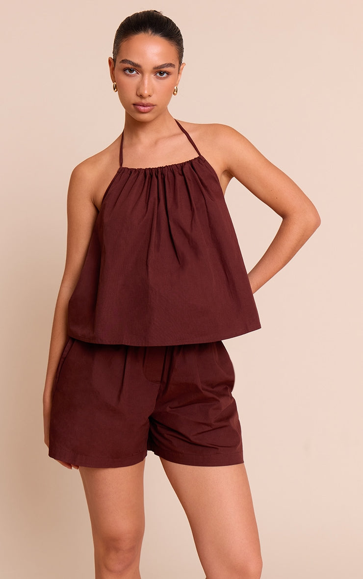 Chocolate Poplin Low Back Halterneck Top