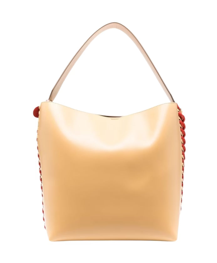 Beige Frayme Tote Bag with Red Chain