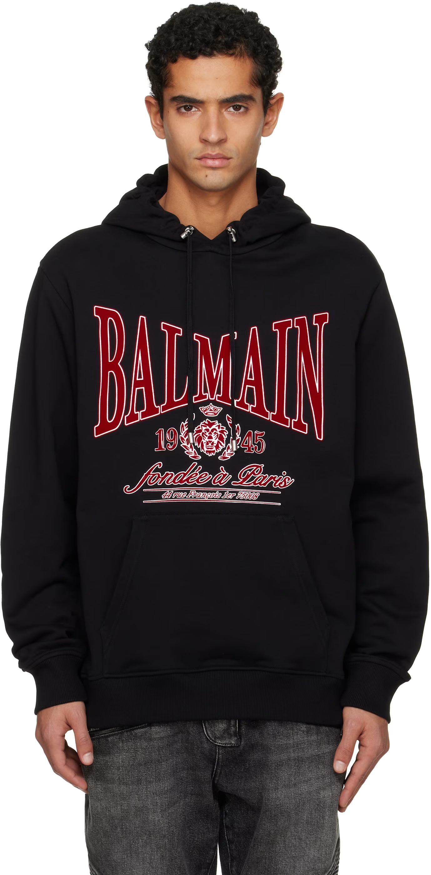 Black Flocked 'Balmain' College Hoodie
