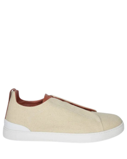 Zegna Beige Linen Sneakers with Brown Leather Accents