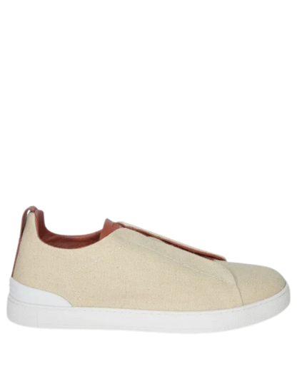 Zegna Beige Linen Sneakers with Brown Leather Accents