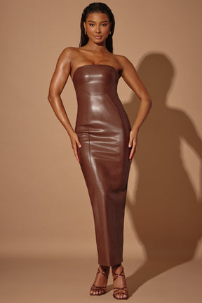 Strapless Vegan Leather Maxi Dress in Brown